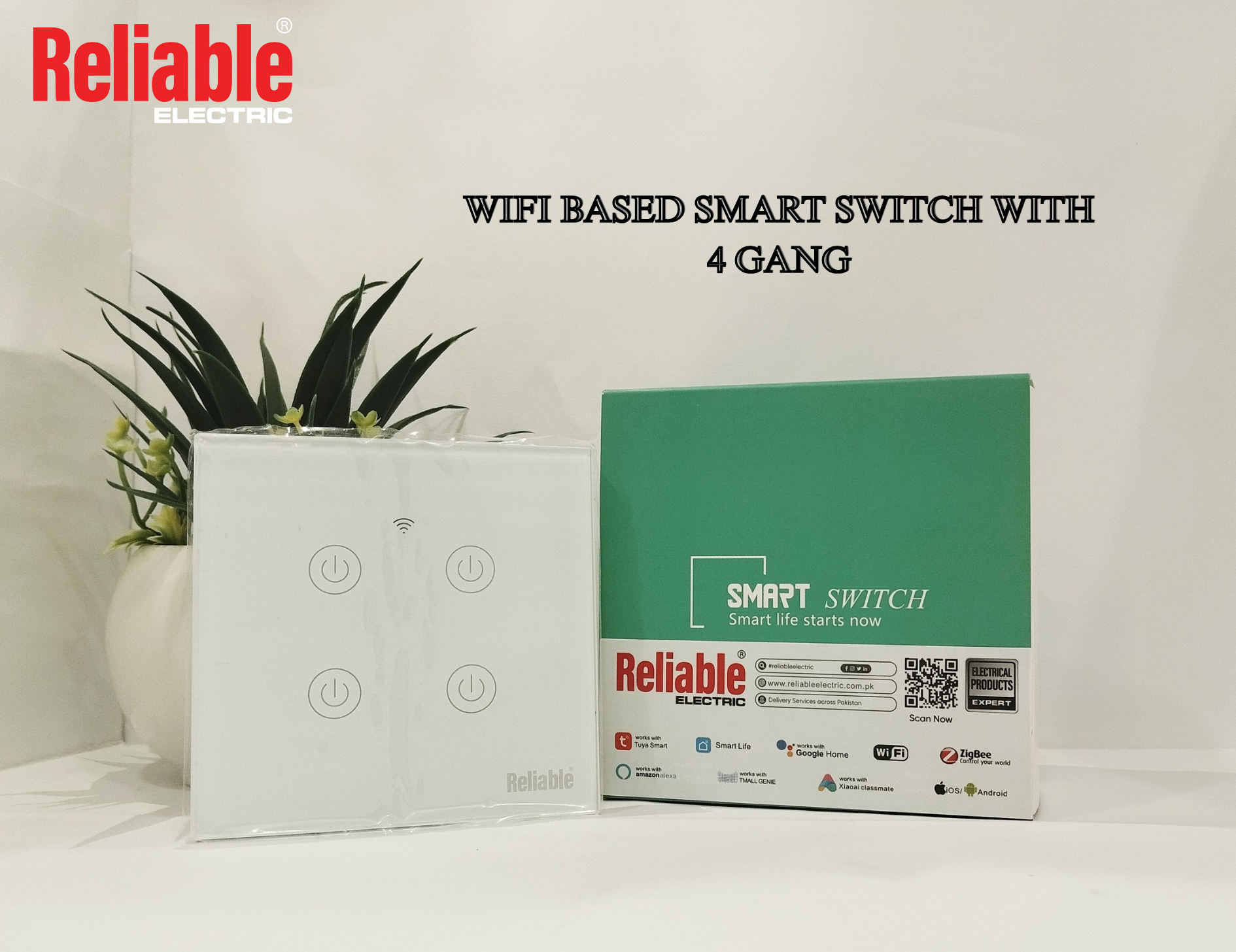 4 Gang Wifi Based, Smart Wall Switch, Wireless Digital Modern Remote Control, Work With Google Home, Tuya, Smart Life, Alexa, Wifi, Bluetooth, ZigBee, TMALL Genie, Xiaoai Classmate, ISO/Android