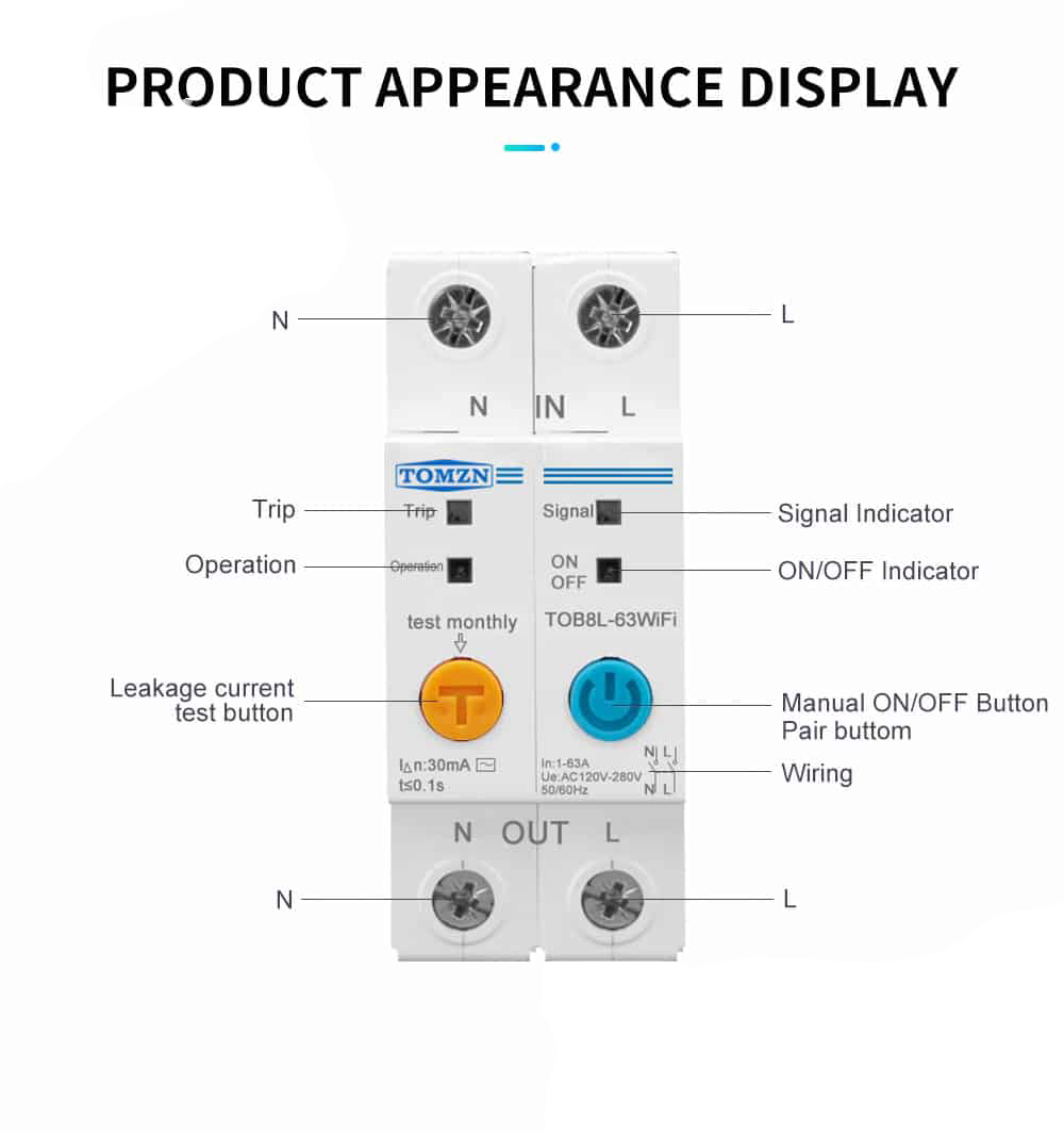 Tomzn 2Pole WIFI Smart Energy Meter Kwh Monitoring Circuit Breaker Timer Relay with Leakage Protection