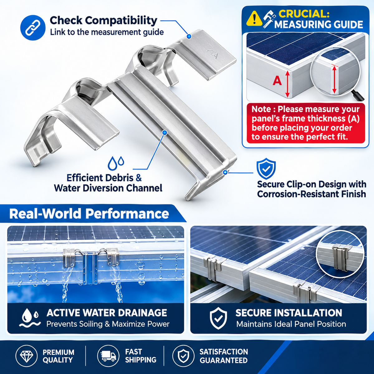 Solar Panel Water Drain Clips PV Module Stainless Steel Water Drain Cleaning Clip