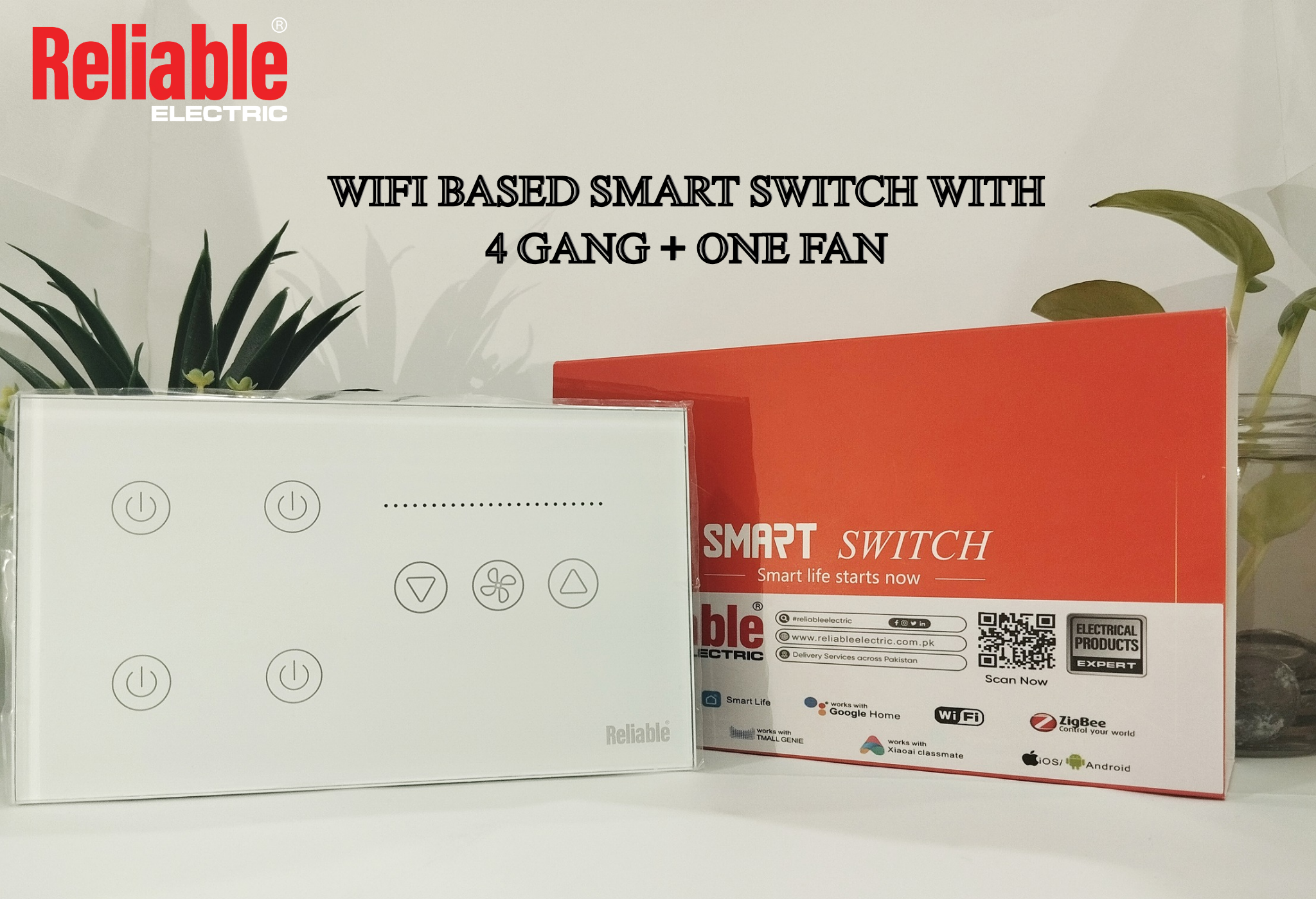 4 Gang + 1 Fan Wifi Based, Smart Wall Switch, Wireless Digital Modern Remote Control, Work With Google Home, Tuya, Smart Life, Alexa, Wifi, Bluetooth, ZigBee, TMALL Genie, Xiaoai Classmate, ISO/Android