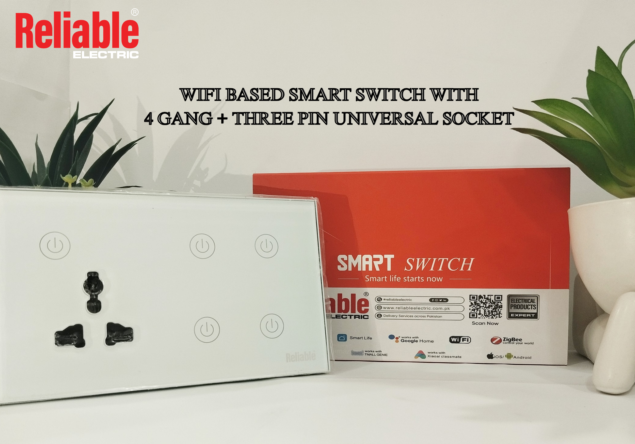 4 Gang + 3 Pin Universal Socket Wifi Based, Smart Wall Switch, Wireless Digital Modern Remote Control, Work With Google Home, Tuya, Smart Life, Alexa, Wifi, Bluetooth, ZigBee, TMALL Genie, Xiaoai Classmate, ISO/Android