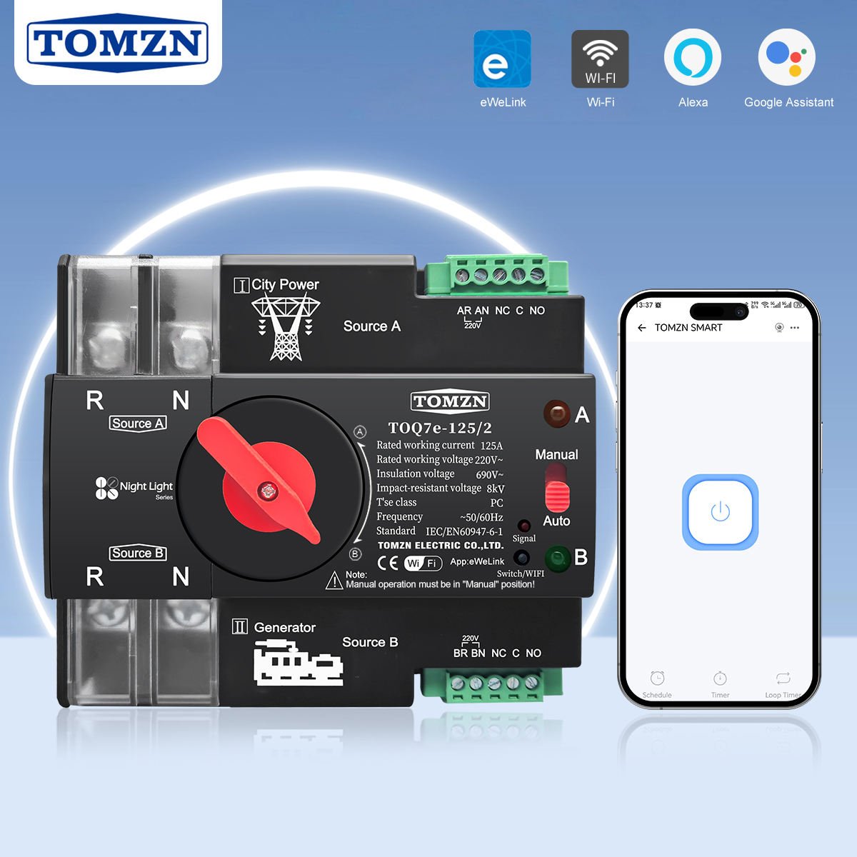 Wifi, 2P 125A ATS, New Black Model, TOMZN Din Rail, App EWelink WIFI Smart ATS Timer 230V Dual Power Automatic Transfer Elect