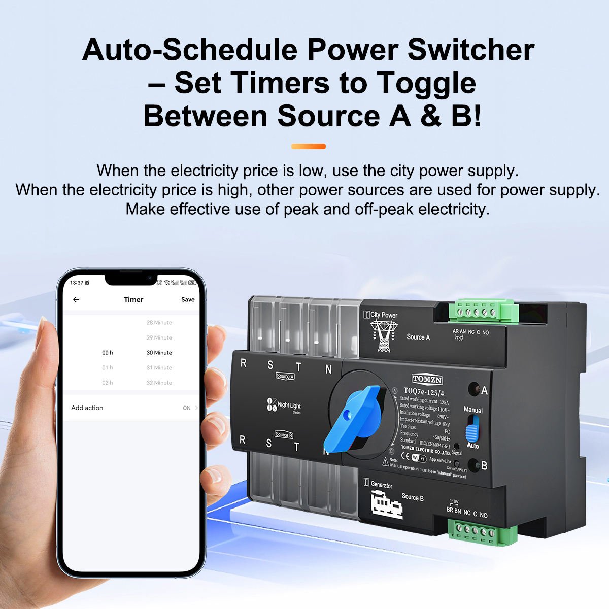 Wifi, 4P 125A ATS, New Black Model, TOMZN Din Rail, App EWelink WIFI Smart ATS Timer 230V Dual Power Automatic Transfer Elect