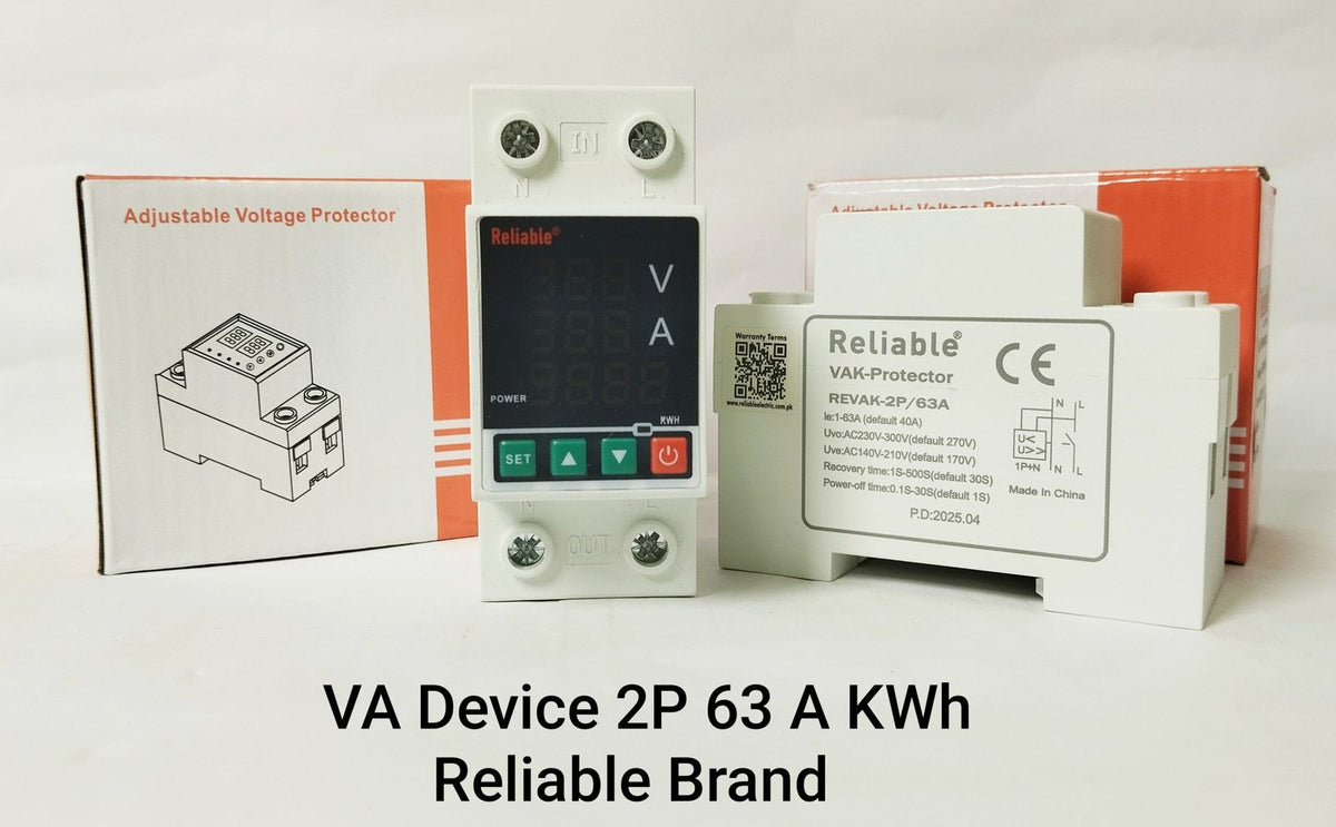 2P VA KWh 63A, VA KWh Control Device, Reliable Din rail, kwh energy merter, adjustable Over Under Voltage, current limit prot