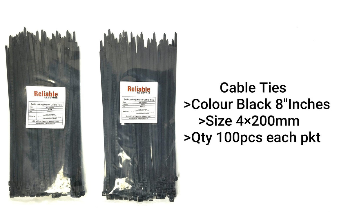 Nylon Cable Ties, High Quality, Zip Ties, Black, 4X200mm, 8 Inch, Reliable, 100Pc/Bag Eco-Friendly, UV Resistant Self-locking