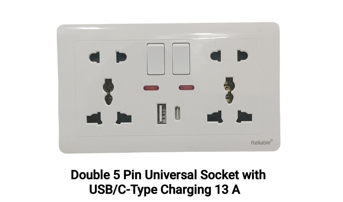 Double 5 Pin Universal Socket With USB and C- Type Charging 16A / Universal Light Plug 16A Imported By Reliable Electric