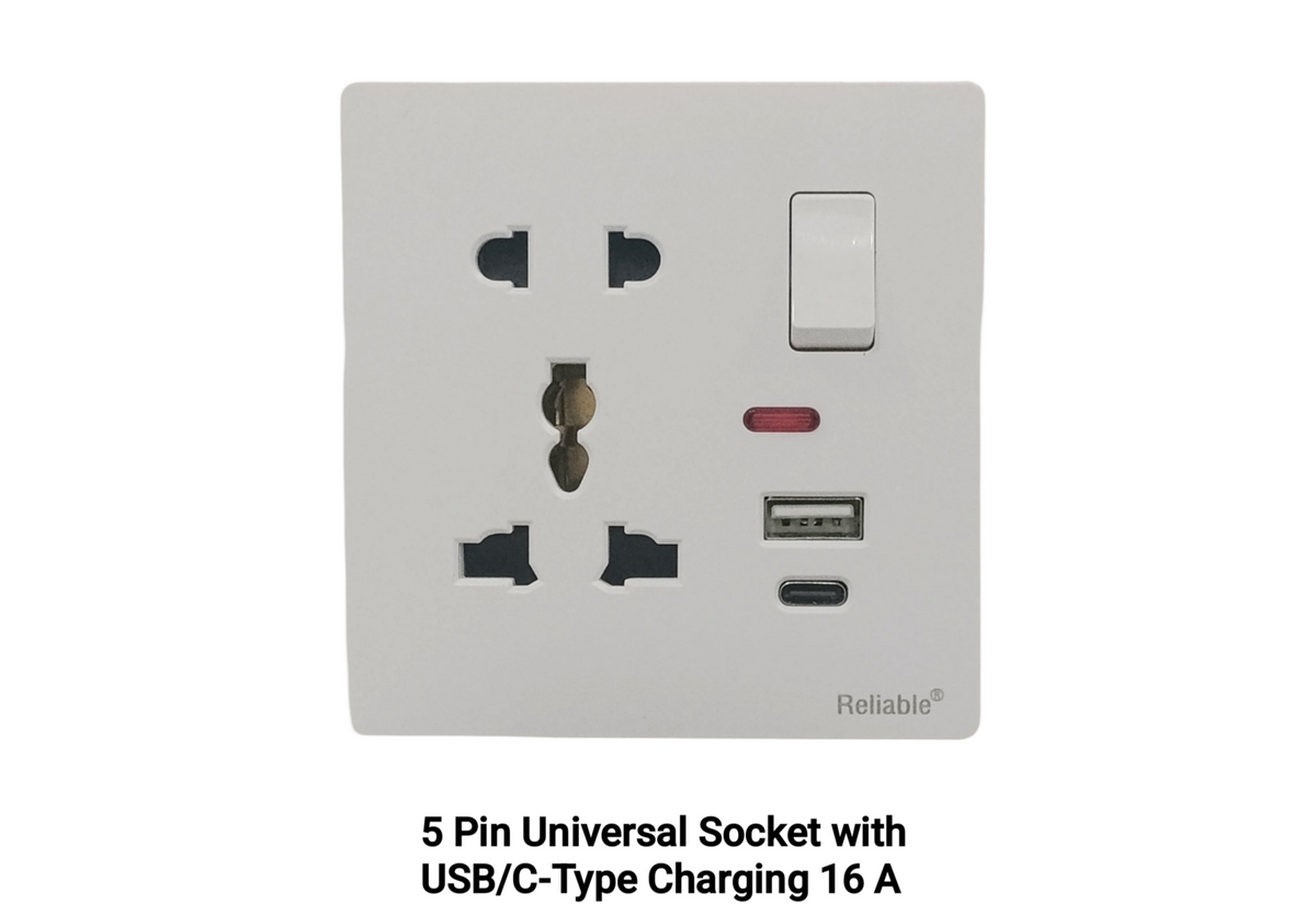 5 Pin Universal Socket With USB and C- Type Charging 16A / Universal Light Plug 16A Imported By Reliable Electric