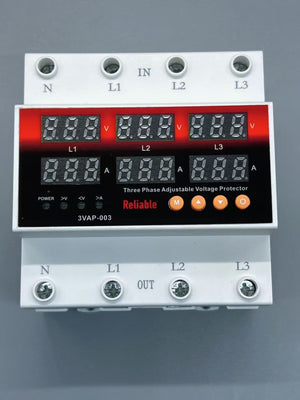 3 Phase 63A, VA Black Control Device, Reliable Din rail, adjustable Over Under Voltage, current limit protection, Relay, VA P