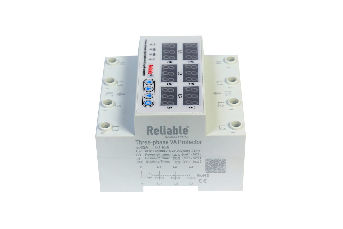 3 Phase 63A, VA Control Device, Reliable Din rail, adjustable Over Under Voltage, current limit protection, Relay, VA Protect