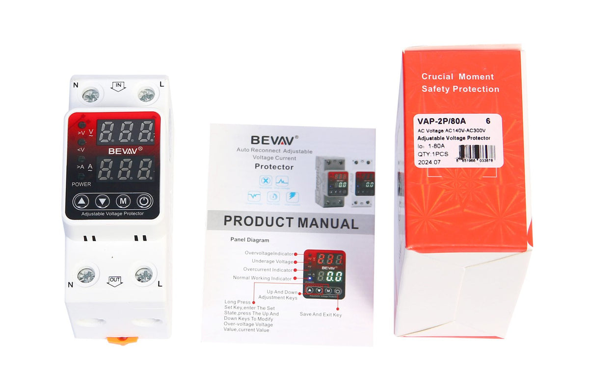2P VA 80A, VA Control Device, BEVAV Din rail, adjustable Over Under Voltage, current limit protection, Relay, VA Protector 2P
