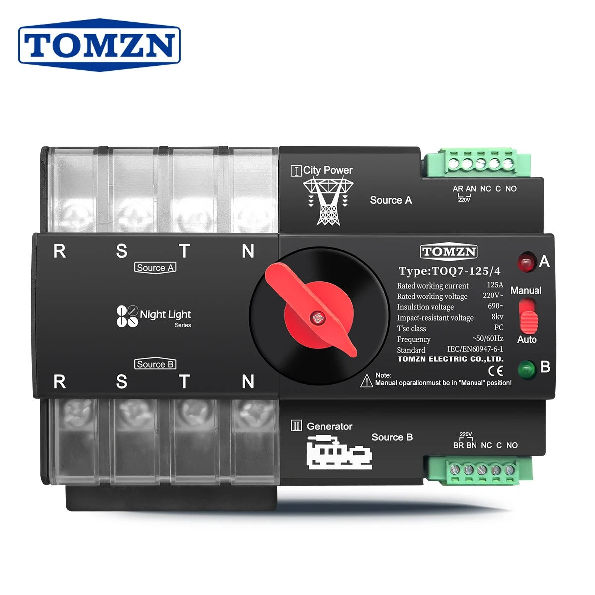 Tomzn TOQ7 4P-125A AC Three Phase Din Rail 220V Dual Power Automatic Transfer Switch ATS