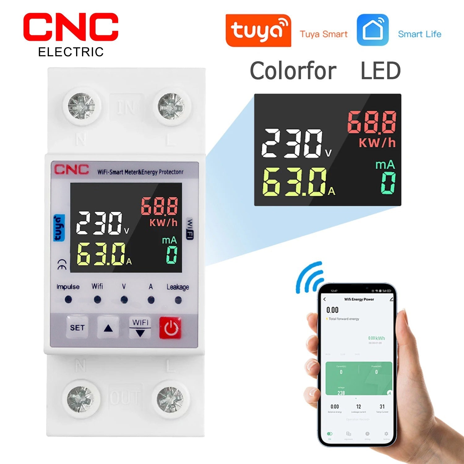 CNC YC7VA-WIFI KWH 63A WIFI Protector With Voltage Current and Leakage protection Mini 10in1