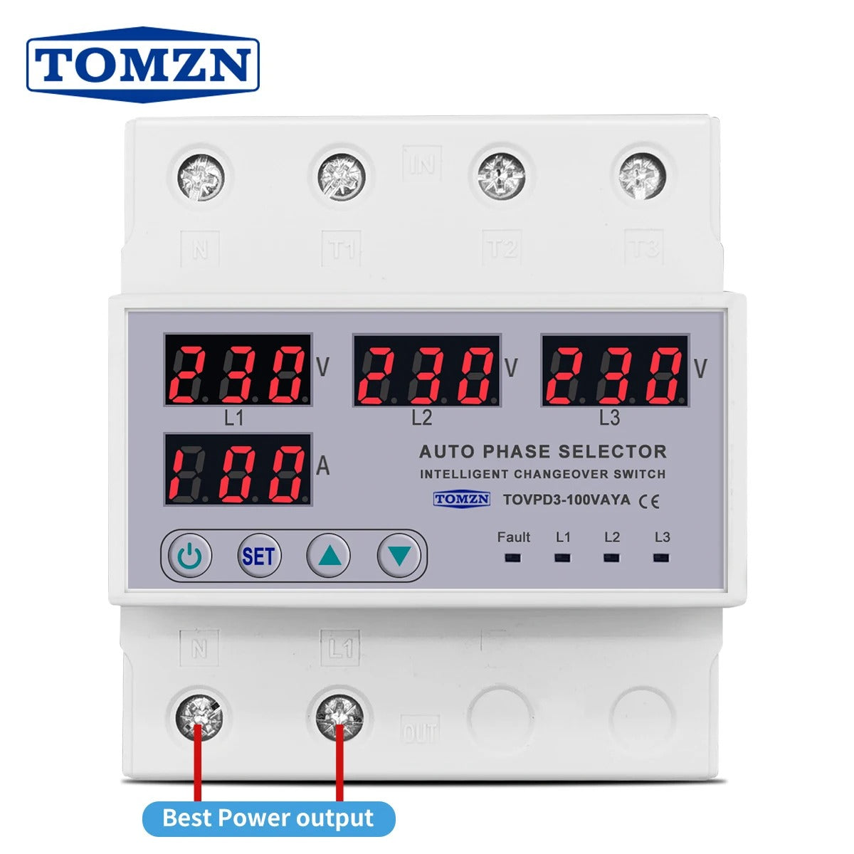 Tomzn TOVPD3-VAYA 3 Phase Auto Phase Selector Voltmeter Adjustable Over and Under Voltage Protection