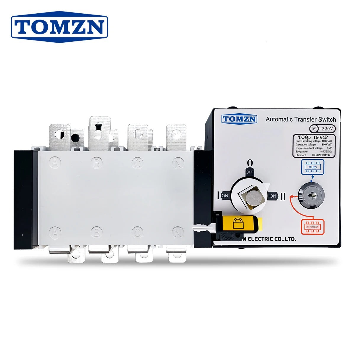 Tomzn TOQ5-160/4P Handle Type 160A 4P AC Three Phase Dual Power Automatic Transfer Switch ATS