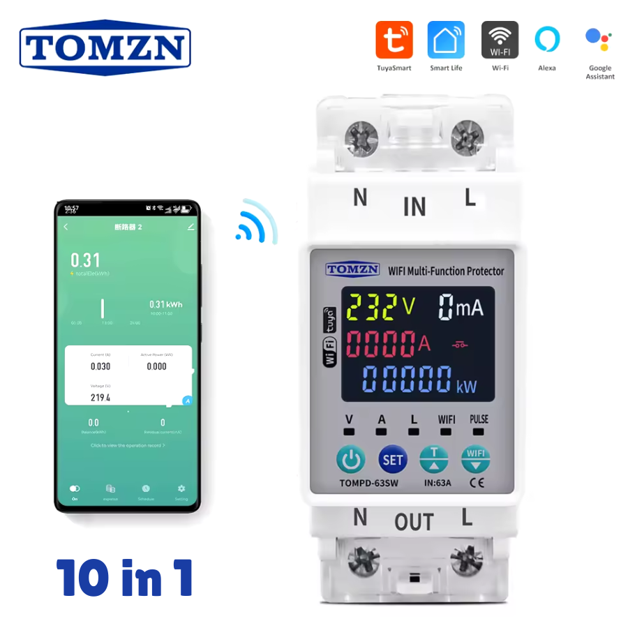 Tomzn TOMPD 63LW- 63A WIFI Protector with voltage current and leakage protection Mini 10in1