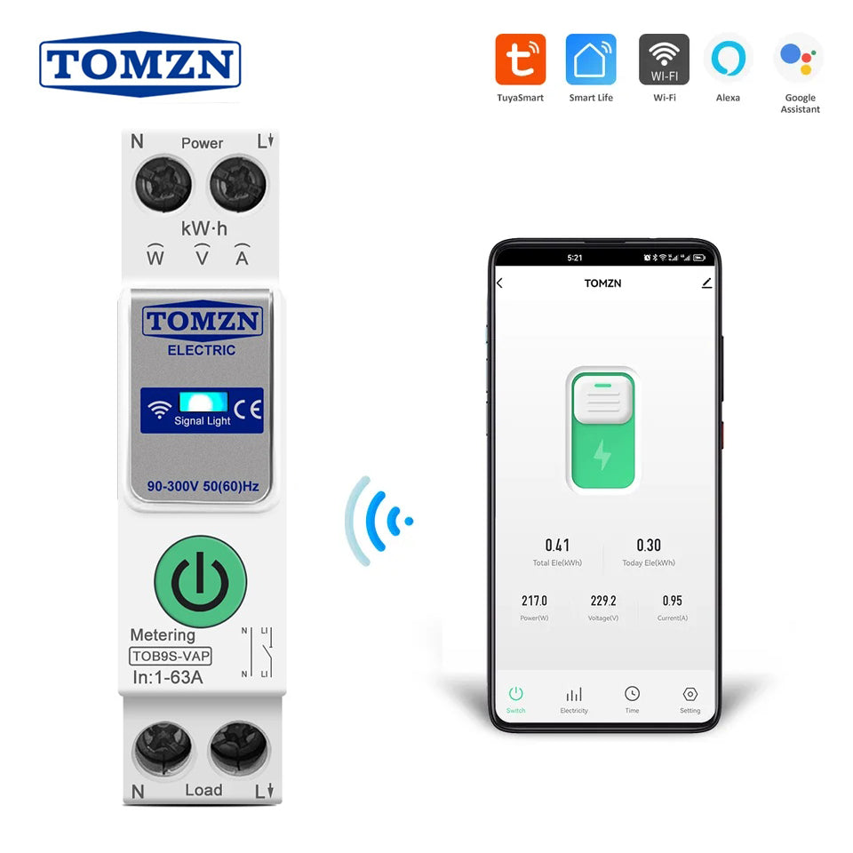 Tomzn TOB9S-VAP 8in1 63A WIFI Smart Switch with monitoring and Protection, TOMZN wifi breaker full function