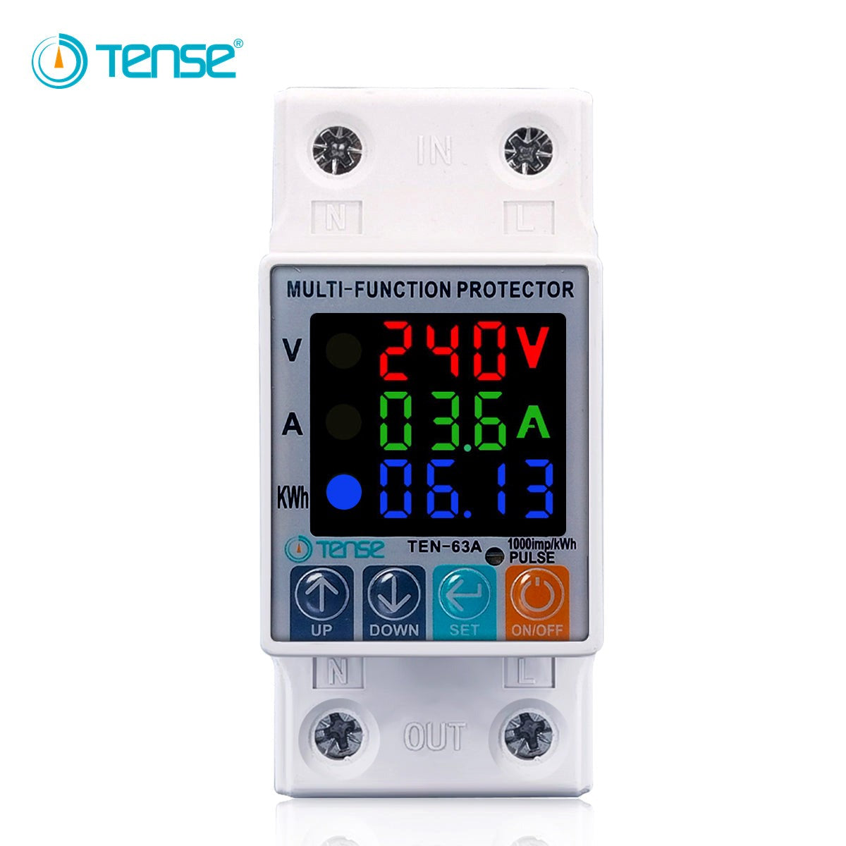 Tense TEN-63VA 5in1 Adjustable Over & Under Voltage Protector Ampere Protector with Unit(KWh) Lock