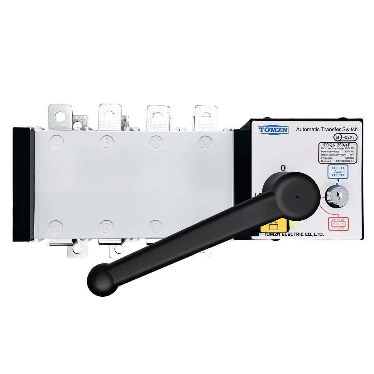 Tomzn TOQ5-250/4P Handle Type 250A 4P AC Three Phase Dual Power Automatic Transfer Switch ATS
