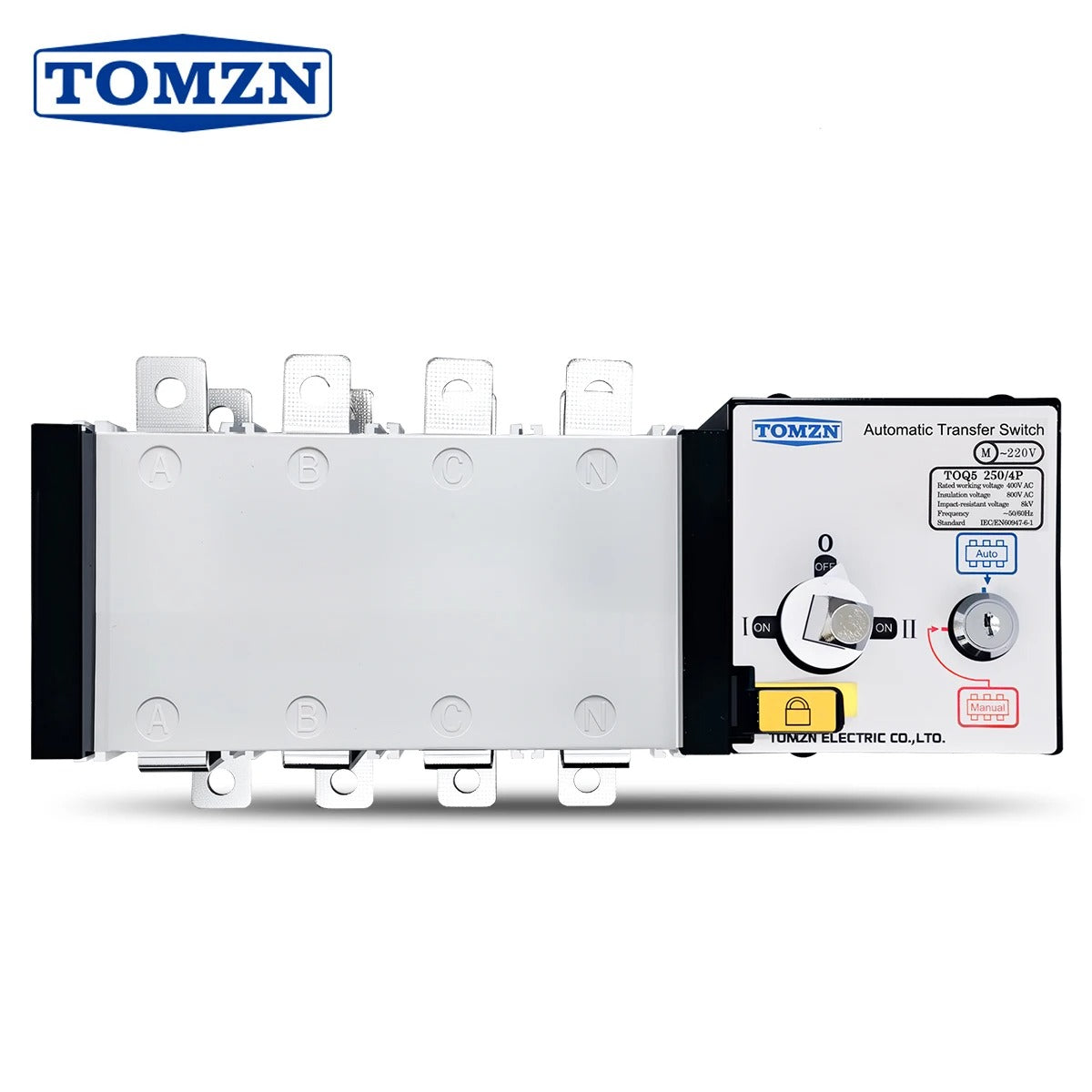 Tomzn TOQ5-250/4P Handle Type 250A 4P AC Three Phase Dual Power Automatic Transfer Switch ATS